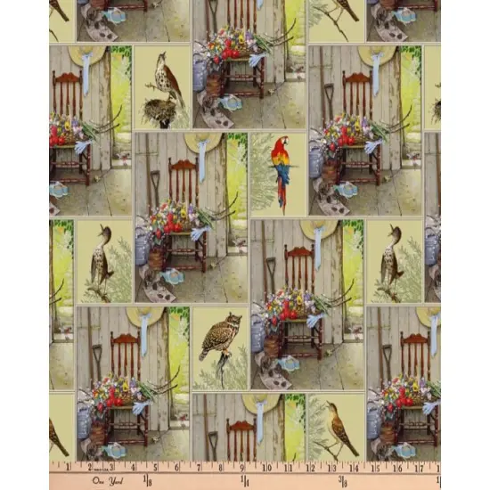 Flowers Gardening Birds Norman Rockwell licensed by David Textiles Digital Cotton Print Fabric | By the Yard | Sewing and Crafting | 44 inches wide {1}