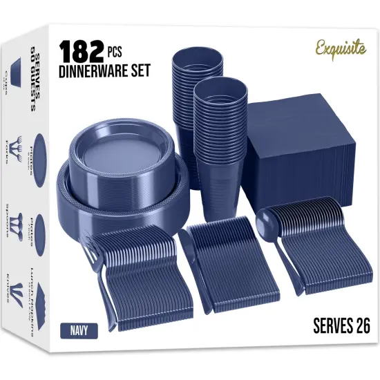 Exquisite 182 Pcs Plastic Plates for Party &ndash; Disposable Plates Set &ndash; 26 Each of 9" Dinner Plates, 7" Dessert Plates, Plastic Cups, Napkins & Plastic Cutlery &ndash; Plastic Dinnerware by Party Solids Navy {1}