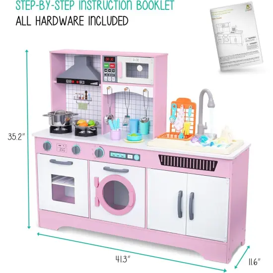 Lil' Jumbl Wooden Pretend Play Kitchen Set for Kids with Washer, Dryer, Sink, and Interactive Features Pink {6}