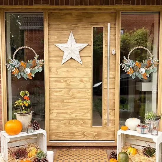 2PCS 16inch Wood Beads Fall Wreath Eucalyptus Berries Pumpkins Lamb Ears Leaves {3}