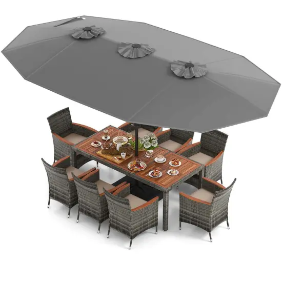 Costway 10 Pieces Patio Wicker Dining Set with Double-Sided Patio Umbrella 8 Armchairs Grey/Red/Orange/Turquoise/Beige/Coffee {7}