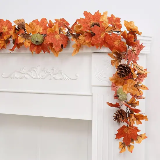 6FT Fall Garland, Fall Maple Leaf Garland Decor with Velvet Pumpkin {3}