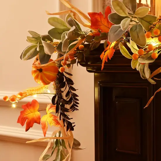 5ft Silk Lambs Ear Pumpkins Garland with Lights ,Fall Leaves Garlands for Mantle {5}