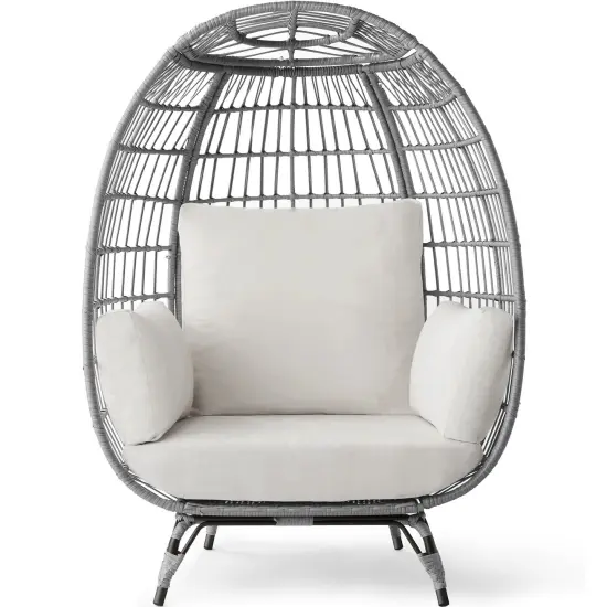 Best Choice Products Wicker Egg Chair Oversized Indoor Outdoor Patio Lounger w/ Steel Frame, 440lb Capacity Gray/White Sand {1}
