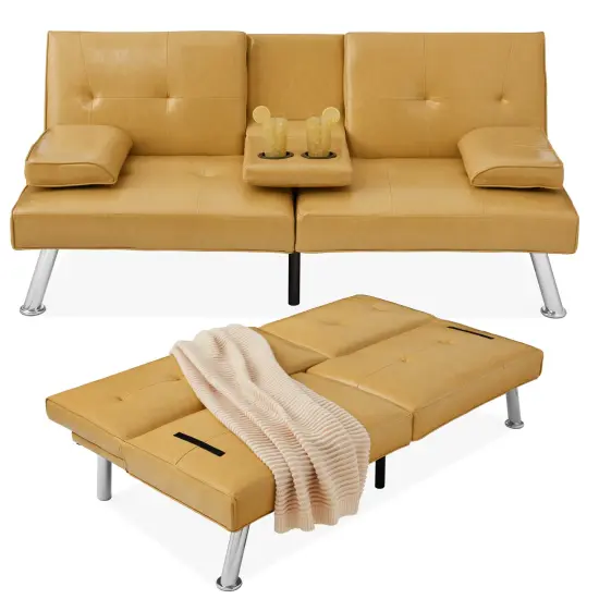 Best Choice Products Modern Faux Leather Convertible Futon Sofa w/ Removable Armrests, 2 Cupholders Camel Yellow {1}