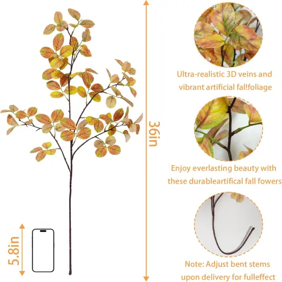 2PCS Artificial Fall Leaves Stems, 36" Fake Eucalyptus Leaves {3}