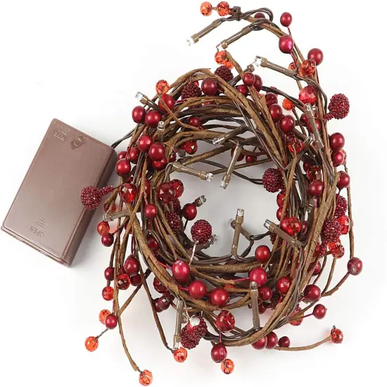 5.9FT - Red Berry Branch Pre-lit Garland with 30LED Lights, Battery Operated Fairy String Lights {5}