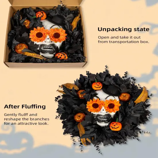 20&rdquo; Black Maple Leaves Wreath with Pumpkin Feather {5}