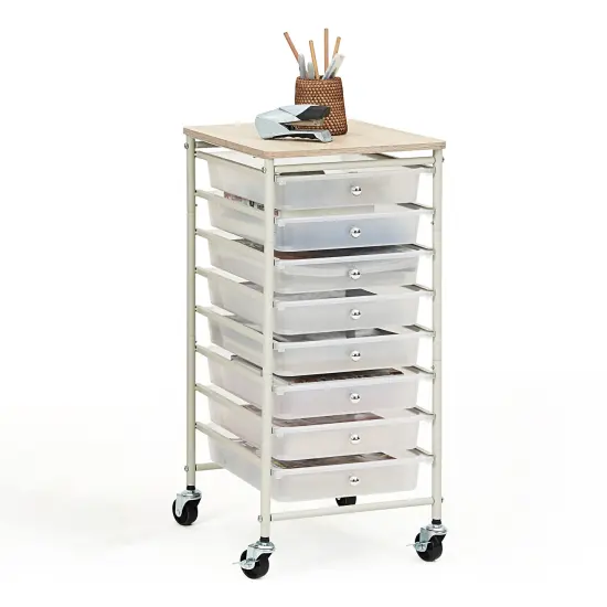 Wooden Top Compact Rolling Storage 8 Drawers Organizer Mobile Utility Cart White {4}