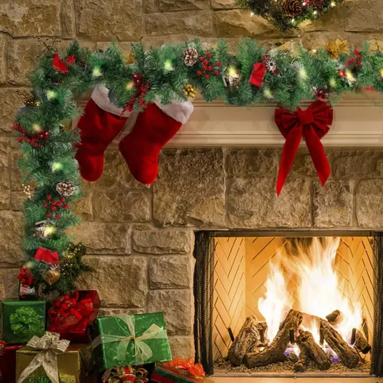 9 FT LED Christmas Garland with Pinecones Red Berries Bows Christmas Balls {5}