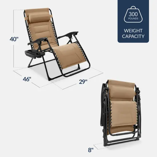 Best Choice Products Oversized Padded Zero Gravity Chair, Folding Outdoor Patio Recliner w/ Side Tray Beige {2}