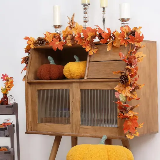 6FT Fall Garland, Fall Maple Leaf Garland Decor with Velvet Pumpkin {5}