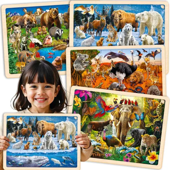 4 Set 36 Pcs Wooden Puzzles for Kids | Polar & Tropical Animals {1}