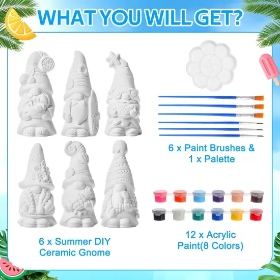 6 Pcs Summer Ceramics to Paint Ready to Paint Your Own Gnome Statues 5.12 Beach Theme Paintable Figurines DIY {5}