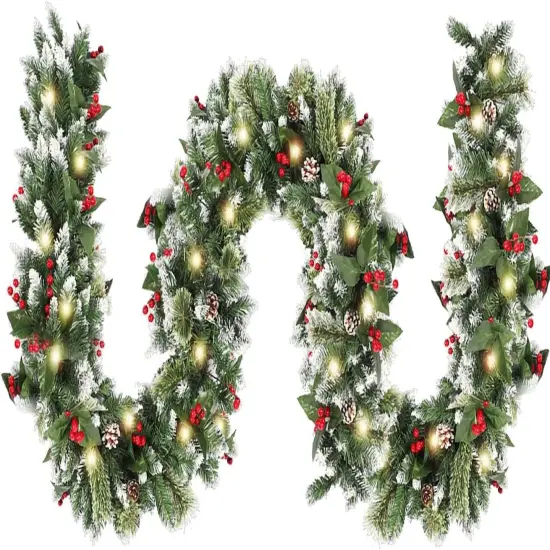 9ft Christmas Garland with Lights,Lighted Artificial Flowering Pine Garland {1}