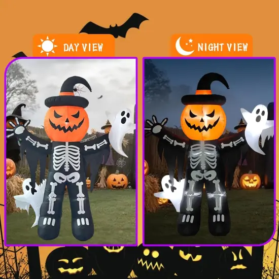 8ft Skeleton Pumpkin with Ghosts Halloween Inflatable {4}