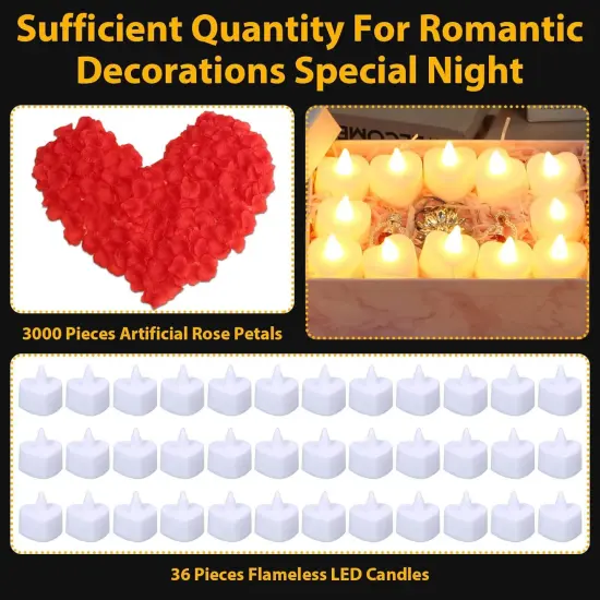 3000Pcs Rose Petals with 36Pcs LED Tea Lights Candles, Rose Petals for Romantic Night for Her Set, Romantic Decorations for Special Night, Valentine's Day, Wedding, Anniversary Decorations {3}