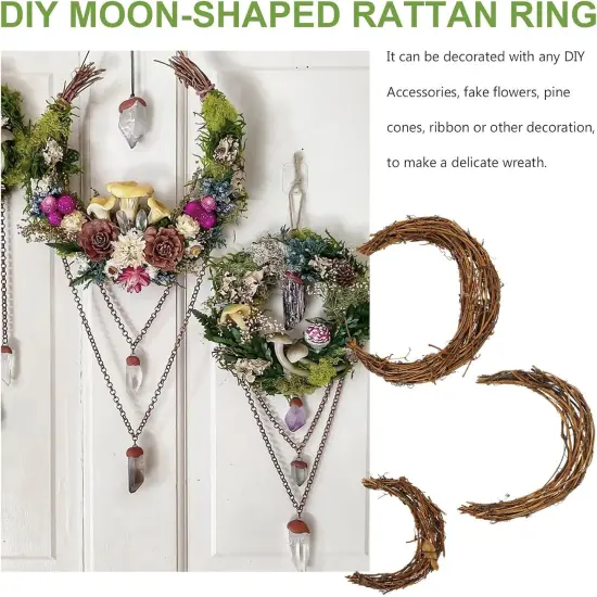 3pcs Moon Shape Wreath frame DIY Craft Grapevine Wreath Rattan Rings Vine Branch Wreath for Home Holiday Wedding Party (15cm, 20cm, 25cm) {5}