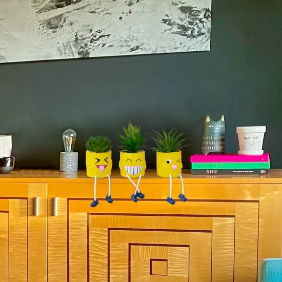 3Pcs Fake Plant Faux Succulents Cute Hanging Leg Potted, Creative Artificial Succulent Plants with Pots, Mini Vibrant Yellow Potted Succulents for Home/Office/Shelf Decor {5}