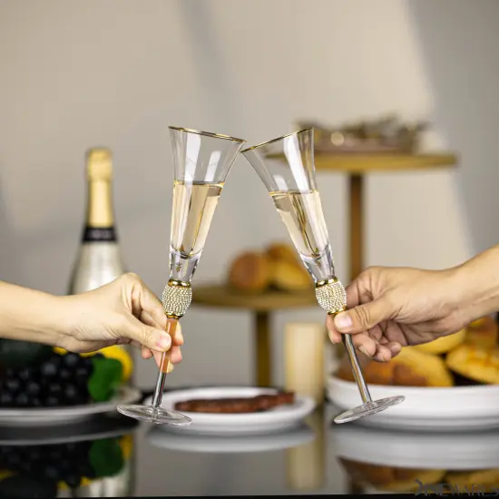 Elegant Crystal Set Wedding Champagne Glasses with Diamond Rhinestone Accents and a Polished Rim - 11 in Tall with Slender Long Stems, 7 oz - Chic Toasting Set for the Bride and Groom {8}