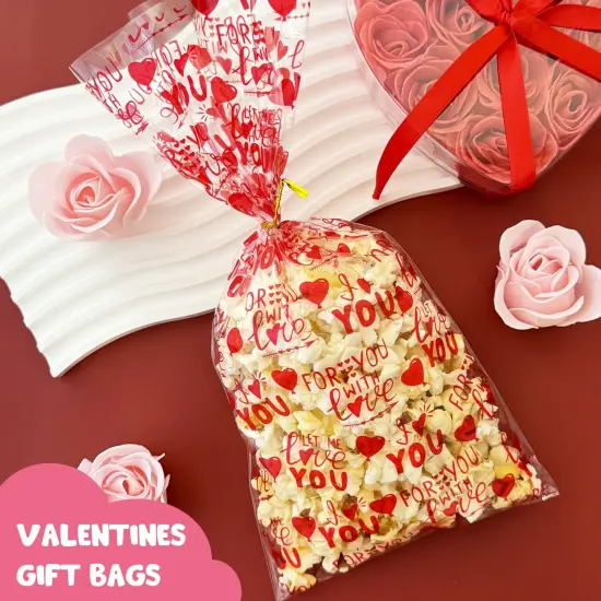 Wrapables Valentines Cellophane Treat Bags With Twist Ties for Candy, Cookies, Treats, Gifts and Party Favors (100pcs), Love Hearts {3}
