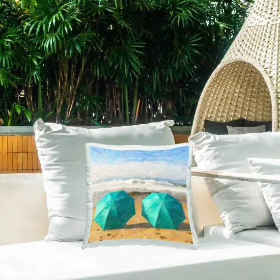 Umbrellas & Beach Waves Design by GraffiTee Studios Outdoor Printed Pillow  {2}