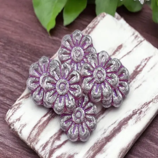 *6* 18mm Purple Washed Transparent Silver Lavender Daisy Flower Beads {1}