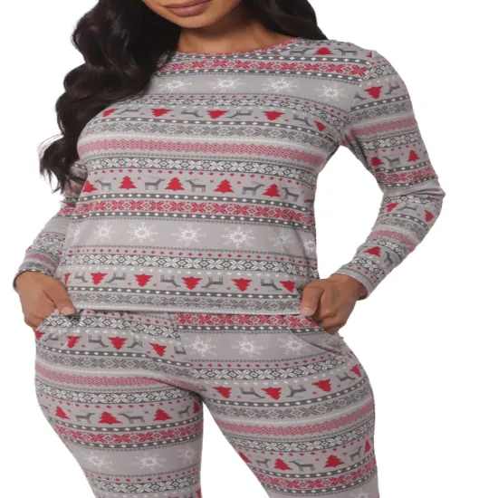 Women's Holiday Fleece Pajama Set Cozy Top & Sweatpants Gray, Red & White {6}