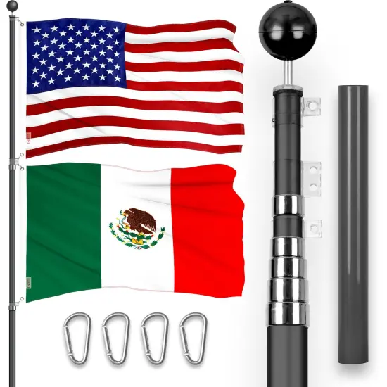 G128 Combo Pack: 20 Ft Telescoping Aluminum Flagpole (Black) & American and Mexico Flags 3x5 Ft, Both ToughWeave Series Embroidered Polyester | Pole with Flags Included {1}