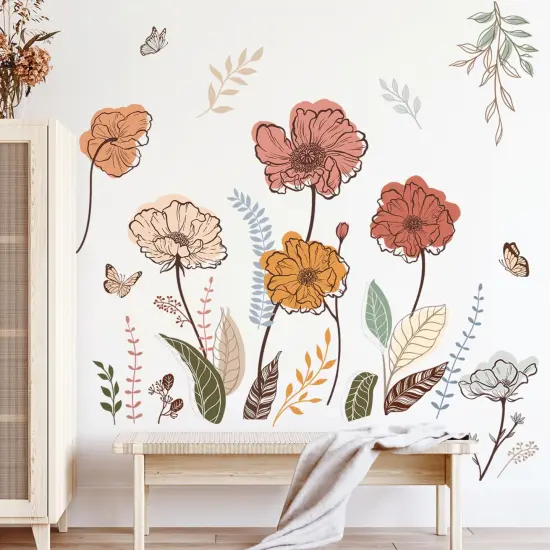 wondever Boho Flower Wall Stickers Wildflower Floral Grass Peel and Stick Wall Art Decals for Living Room Bedroom TV Wall {5}
