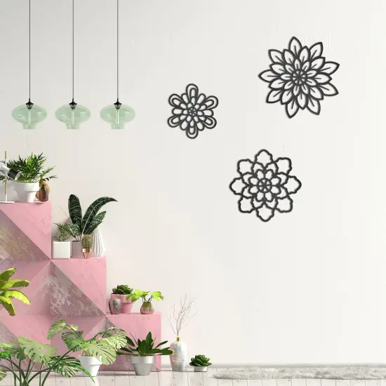 Moxweyeni 3 Pieces Metal Flowers Wall Decoration, Metal Rustic Wall Art Decoration Farmhouse Wall Decorations Multiple Floral Hanging Decoration for Bathroom Home Office(Black, Modern Style) {2}