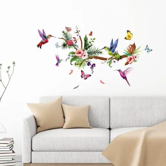 Hummingbirds Wall Decals Peel and Stick Birds Vinyl Wall Stickers Butterfly Flowers Colorful Wall Stickers Hummingbird on The Tree Branch Flower Decals Garden Living Room Bedroom TV Wall Decorations {2}