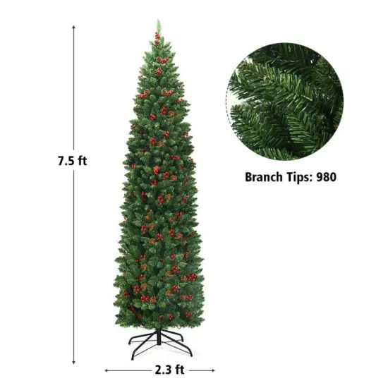 7.5 Feet Pre-lit Hinged Pencil Christmas Tree with Pine Cones Red Berries {6}