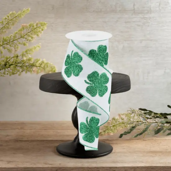2.5" Bold Glitter Clover Ribbon: White/Green (10 Yards) {3}