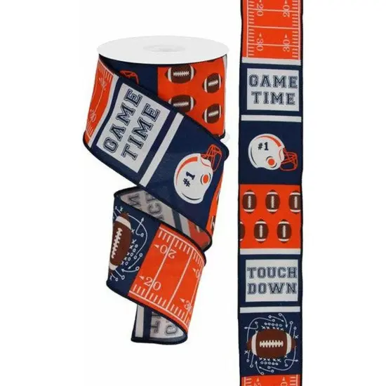 2.5" Football Block Pattern Ribbon: Navy/Orange (10 Yards) {3}