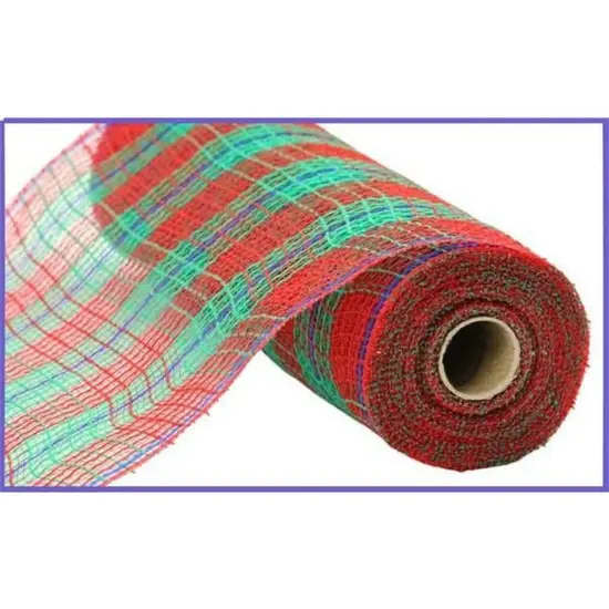 10.5" Faux Jute Check Foil Mesh Ribbon: Red/Green (10 Yards) {2}