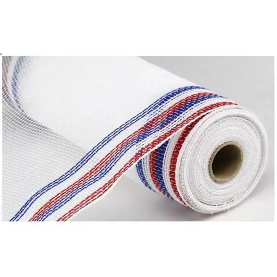 10.5" Border Stripe Faux Jute Mesh Ribbon: White/Red/Blue (10 Yards)a {1}