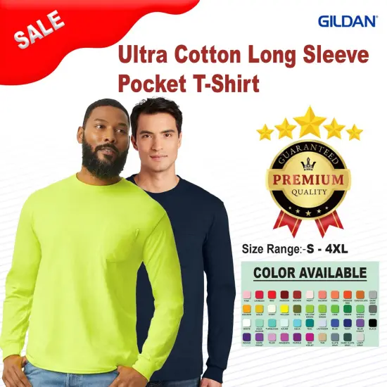 Gildan&reg; Crewneck Ultra Cotton Long Sleeve Pocket T-Shirt - 2410 Safety orange {2}