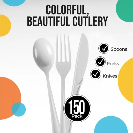 Exquisite Polished Plastic Silverware &ndash; 150 Pcs Heavy Duty Cutlery Set &ndash; 50 Each of Forks, Knives & Spoons &ndash; Disposable Utensil Set for Parties, Events & Catering &ndash; Flatware Set by Party Solids White {2}