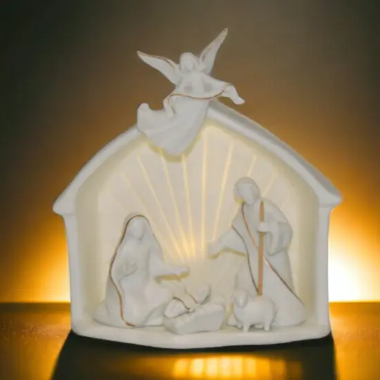 Ceramic Holy Family Nativity Scene with Angel LED Nightlight, Home D&eacute;cor, Religious D&eacute;cor, Religious Gift, Church D&eacute;cor, Baptism Gift {1}