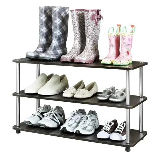 Espresso Wood 3-Shelf Shoe Rack for 12 Pairs with Metal Accents {2}