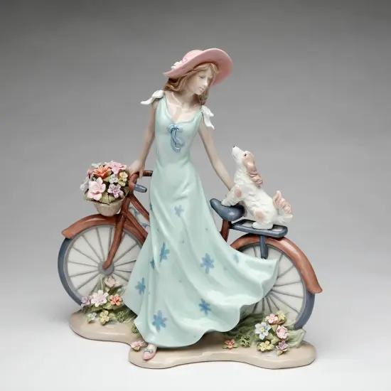 Ceramic Pretty Lady and Dog on Bicycle with Flower Basket Figurine, Home Décor, Gift for Her, Gift for Mom, Dog Lover Gift, Pet Loss Gift {4}