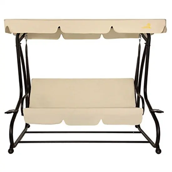 3-Seat Outdoor Canopy Swing with Beige Cushions for Patio Deck {3}