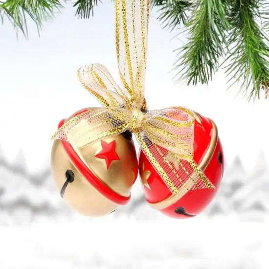 Ceramic Red and Gold Christmas Tree Ornament Bells with Gold Ribbon, Christmas Decor {2}