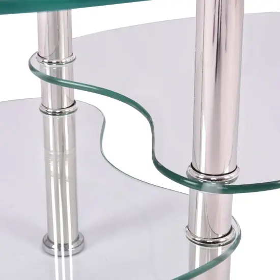 Modern Clear Tempered Glass Coffee Table with Oval Shape and Two Bottom Storage Shelves {4}