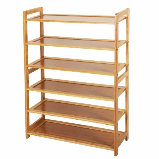 Brown Solid Wood Wicker 6-Shelf Shoe Rack for 24 Pairs with Freestanding Design {1}