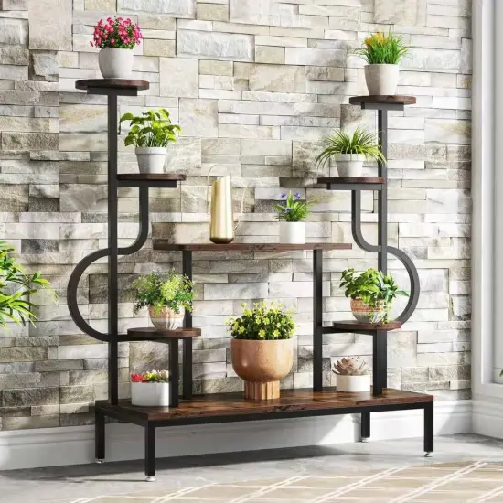 Brown Wood 8 Tier Round Shelf Plant Stand for Living Room Corners {2}