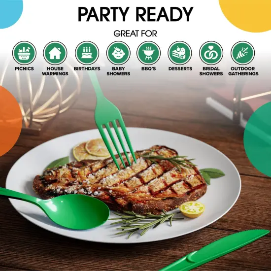 Exquisite Polished Plastic Silverware &ndash; 150 Pcs Heavy Duty Cutlery Set &ndash; 50 Each of Forks, Knives & Spoons &ndash; Disposable Utensil Set for Parties, Events & Catering &ndash; Flatware Set by Party Solids Emerald {6}