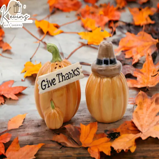 Ceramic Pumpkins with Pilgrim Hat and "Give Thanks" Salt and Pepper, Gift for Her, Mom, Kitchen D&eacute;cor, Fall D&eacute;cor, Thanksgiving D&eacute;cor {1}