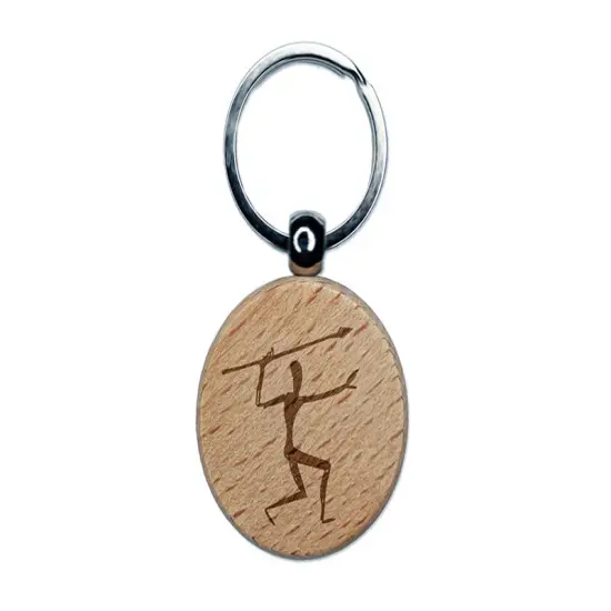 Cave Drawing Hunter Early Man with Spear Petroglyph Engraved Wood Round Keychain Tag Charm {1}